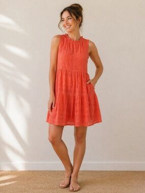 Loft Coral Orange Eyelet Tiered sleeveless summer dress size medium